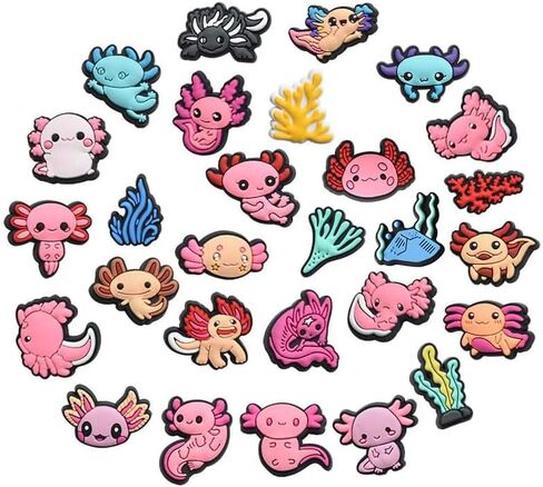 28PCS لطيف Axolotl مجموعة سحر الديكور الأحذية، الوردي Kawaii الحيوان الملحقات الزخرفية تناسب الصنادل معصمه الأحذية، لحزب صالح عطلة عيد ميلاد الهدايا in Kuwait