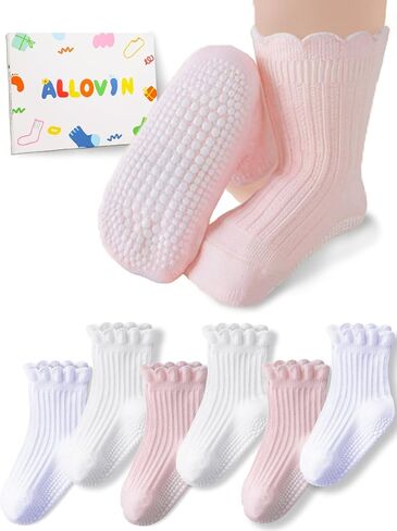 ALLOVIN 6 Pairs Baby & Toddler Girls Non-Slip Ruffle Lace Socks Soft Cotton Grip Socks Ideal Gift for Baby Shower & Birthday in Saudi Arabia