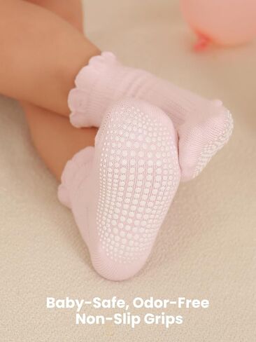 ALLOVIN 6 Pairs Baby & Toddler Girls Non-Slip Ruffle Lace Socks Soft Cotton Grip Socks Ideal Gift for Baby Shower & Birthday in Saudi Arabia