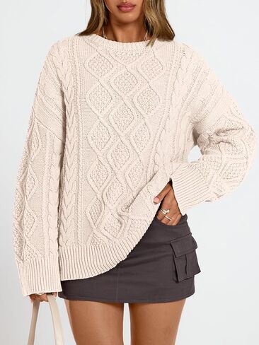 Trendy Queen Women's Oversized Cable Knit Crewneck Sweaters Cozy Winter Clothes in Saudi Arabia