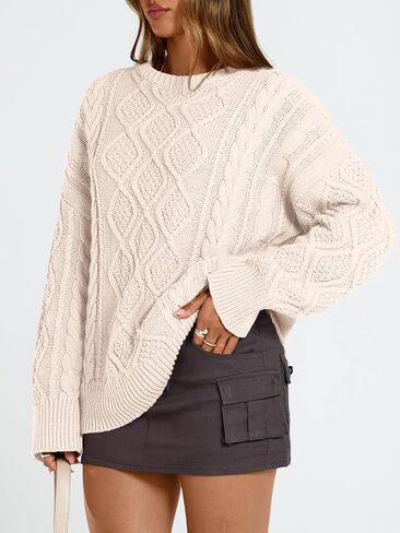 Trendy Queen Women's Oversized Cable Knit Crewneck Sweaters Cozy Winter Clothes in Saudi Arabia