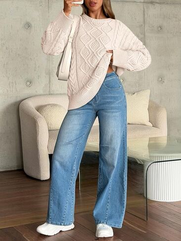 Trendy Queen Women's Oversized Cable Knit Crewneck Sweaters Cozy Winter Clothes in Saudi Arabia