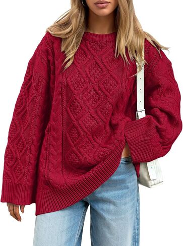 Trendy Queen Women's Oversized Cable Knit Crewneck Sweaters Cozy Winter Clothes in Saudi Arabia