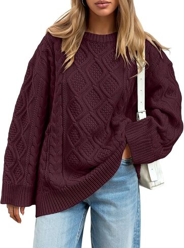Trendy Queen Women's Oversized Cable Knit Crewneck Sweaters Cozy Winter Clothes in Saudi Arabia