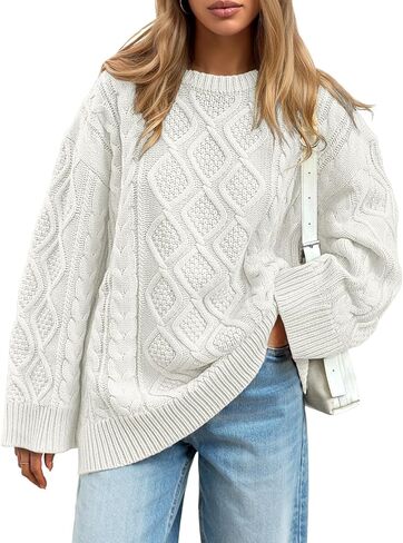 Trendy Queen Women's Oversized Cable Knit Crewneck Sweaters Cozy Winter Clothes in Saudi Arabia