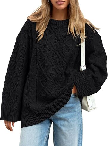 Trendy Queen Women's Oversized Cable Knit Crewneck Sweaters Cozy Winter Clothes in Saudi Arabia