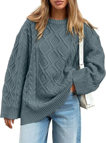 Trendy Queen Women's Oversized Cable Knit Crewneck Sweaters Cozy Winter Clothes in Saudi Arabia