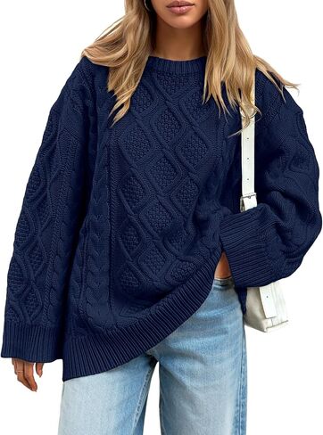 Trendy Queen Women's Oversized Cable Knit Crewneck Sweaters Cozy Winter Clothes in Saudi Arabia