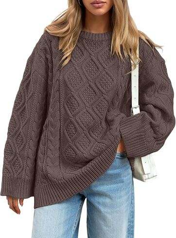 Trendy Queen Women's Oversized Cable Knit Crewneck Sweaters Cozy Winter Clothes in Saudi Arabia
