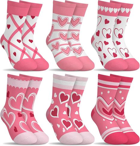 6 Pairs Kids Girls Socks Funny Cartoon Heart Pattern Pink Breathable Crew Sock aged for 1-7 Years in Saudi Arabia