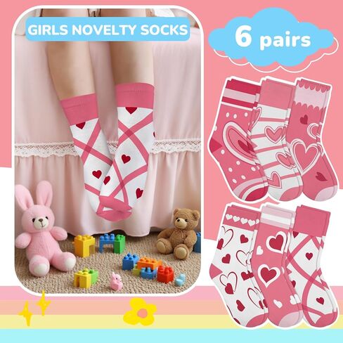 6 Pairs Kids Girls Socks Funny Cartoon Heart Pattern Pink Breathable Crew Sock aged for 1-7 Years in Saudi Arabia