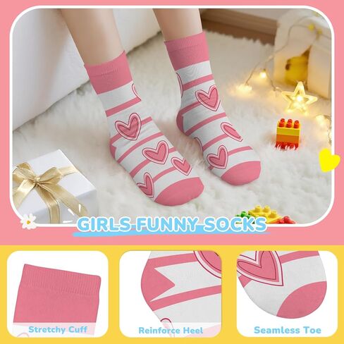 6 Pairs Kids Girls Socks Funny Cartoon Heart Pattern Pink Breathable Crew Sock aged for 1-7 Years in Saudi Arabia