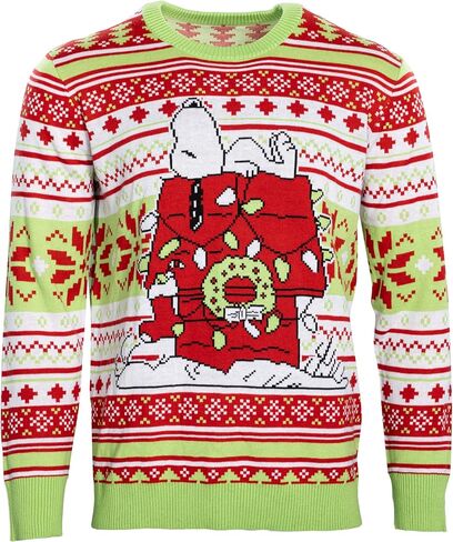 Peanuts Snoopy Sleeping on Red House Christmas Lights Officially Licensed Knitted Ugly Christmas Sweater by Life Clothing Multicolor in Saudi Arabia