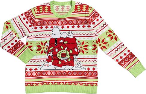 Peanuts Snoopy Sleeping on Red House Christmas Lights Officially Licensed Knitted Ugly Christmas Sweater by Life Clothing Multicolor in Saudi Arabia