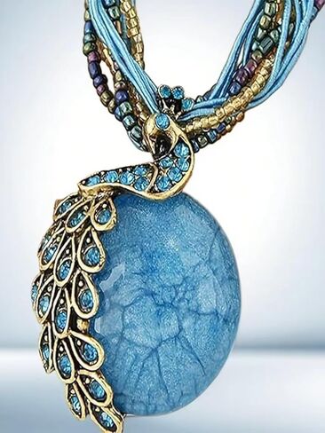 Exquisite Bohemian Chic Peacock Gemstone Pendant Necklace - Retro Leaf Design, Ethnic Style Jewelry for Women, Adjustable Chain, Durable Construction in Saudi Arabia