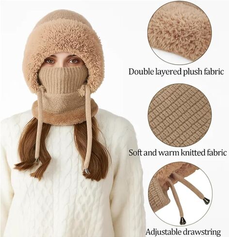 3 in 1 Beanie Hat With Scarf and Mask for Women, Soft Warm Fleece Satin Lined Beanie Hats Windproof Winter Accessories in Saudi Arabia