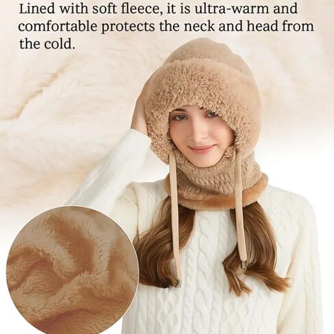 3 in 1 Beanie Hat With Scarf and Mask for Women, Soft Warm Fleece Satin Lined Beanie Hats Windproof Winter Accessories in Saudi Arabia