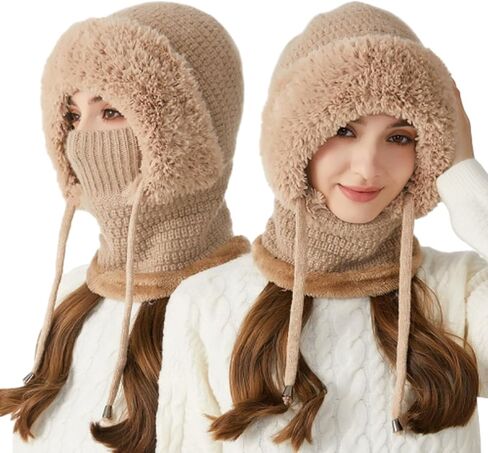 3 in 1 Beanie Hat With Scarf and Mask for Women, Soft Warm Fleece Satin Lined Beanie Hats Windproof Winter Accessories in Saudi Arabia