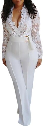 CHICME Womens Floral Lace Jumpsuit 2026 Deep V-Neck Casual Long Sleeve Ovearalls with Belt Pant Side Pockets in Saudi Arabia