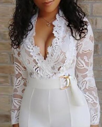 CHICME Womens Floral Lace Jumpsuit 2026 Deep V-Neck Casual Long Sleeve Ovearalls with Belt Pant Side Pockets in Saudi Arabia