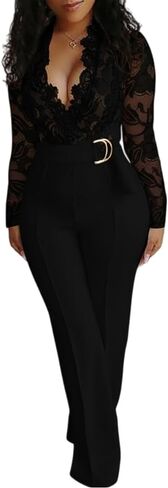 CHICME Womens Floral Lace Jumpsuit 2026 Deep V-Neck Casual Long Sleeve Ovearalls with Belt Pant Side Pockets in Saudi Arabia