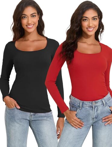 YYA 2 Piece Basic Long Sleeve Shirts for Women Thermal Warm Tops Crew Neck Stretch Fitted Undershirts Layer Tee S-XXL in Saudi Arabia