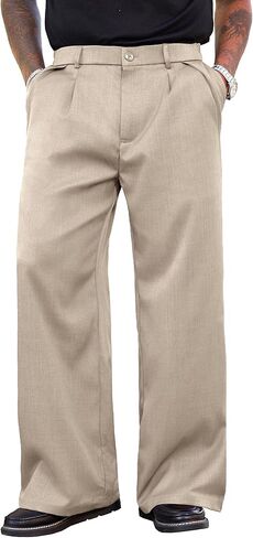 PLEPAN Men's Wide Leg Dress Pants Baggy Pleated Casual Trousers Relaxed Fit Elastic Waist Business Slacks with Pockets Beige Large in Saudi Arabia
