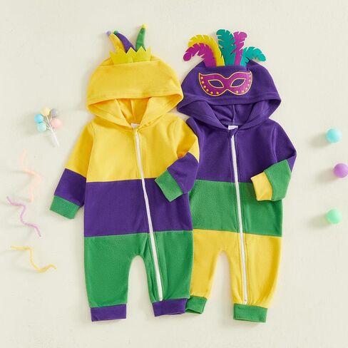Twopumpkin My First Mardi Gras Baby Boy Girl Outfit Costume Newborn Toddler Onesie Long Sleeve Hooded Romper Cute Clothes in Saudi Arabia