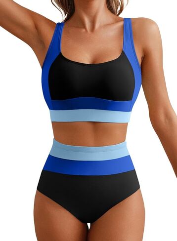 Herseas Women 2 Piece High Waisted Bikini Sets Colorblock Sporty Swimsuits Wide Straps Bathing Suit 2026 Summer Swimwear in Saudi Arabia
