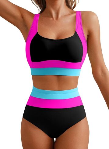 Herseas Women 2 Piece High Waisted Bikini Sets Colorblock Sporty Swimsuits Wide Straps Bathing Suit 2026 Summer Swimwear in Saudi Arabia