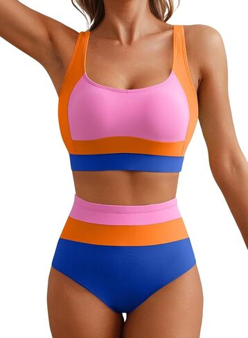 Herseas Women 2 Piece High Waisted Bikini Sets Colorblock Sporty Swimsuits Wide Straps Bathing Suit 2026 Summer Swimwear in Saudi Arabia