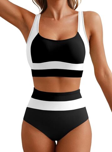 Herseas Women 2 Piece High Waisted Bikini Sets Colorblock Sporty Swimsuits Wide Straps Bathing Suit 2026 Summer Swimwear in Saudi Arabia