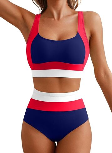 Herseas Women 2 Piece High Waisted Bikini Sets Colorblock Sporty Swimsuits Wide Straps Bathing Suit 2026 Summer Swimwear in Saudi Arabia