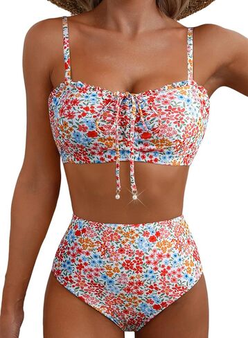 Herseas Women's Floral Print Bikini Sets Lace Up Front 2 Piece High Wasited Swimsuits Ruched Ruffle Trim Bathing Suit in Saudi Arabia