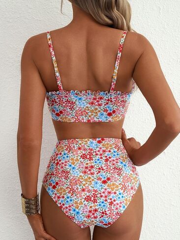 Herseas Women's Floral Print Bikini Sets Lace Up Front 2 Piece High Wasited Swimsuits Ruched Ruffle Trim Bathing Suit in Saudi Arabia