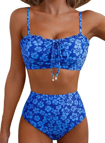 Herseas Women's Floral Print Bikini Sets Lace Up Front 2 Piece High Wasited Swimsuits Ruched Ruffle Trim Bathing Suit in Saudi Arabia
