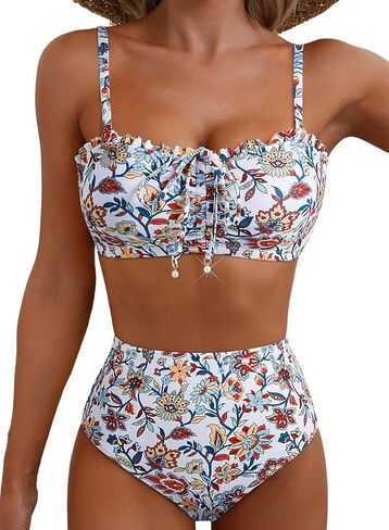 Herseas Women's Floral Print Bikini Sets Lace Up Front 2 Piece High Wasited Swimsuits Ruched Ruffle Trim Bathing Suit in Saudi Arabia