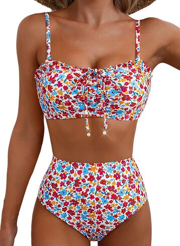 Herseas Women's Floral Print Bikini Sets Lace Up Front 2 Piece High Wasited Swimsuits Ruched Ruffle Trim Bathing Suit in Saudi Arabia