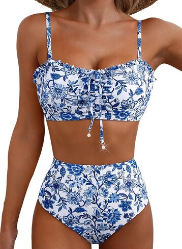 Herseas Women's Floral Print Bikini Sets Lace Up Front 2 Piece High Wasited Swimsuits Ruched Ruffle Trim Bathing Suit in Saudi Arabia