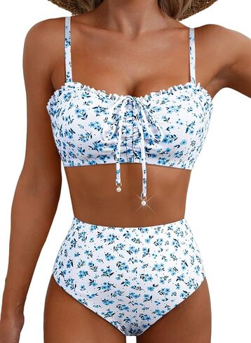 Herseas Women's Floral Print Bikini Sets Lace Up Front 2 Piece High Wasited Swimsuits Ruched Ruffle Trim Bathing Suit in Saudi Arabia