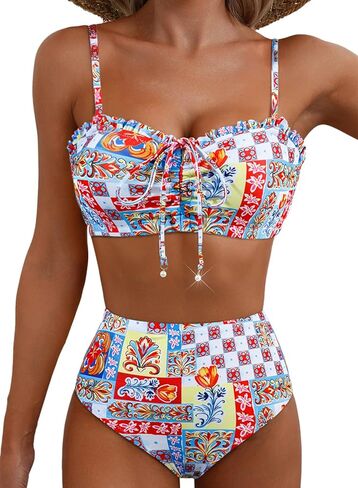 Herseas Women's Floral Print Bikini Sets Lace Up Front 2 Piece High Wasited Swimsuits Ruched Ruffle Trim Bathing Suit in Saudi Arabia