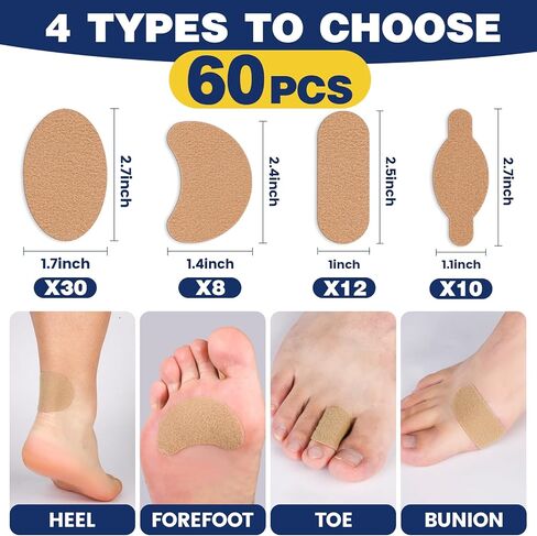 شرائط مولسكين 60 قطعة مع وسادات لاصقة لمنع ظهور البثور وملصقات شريط جلد الشامات لبطانة أحذية كعب القدم، بيج in Kuwait