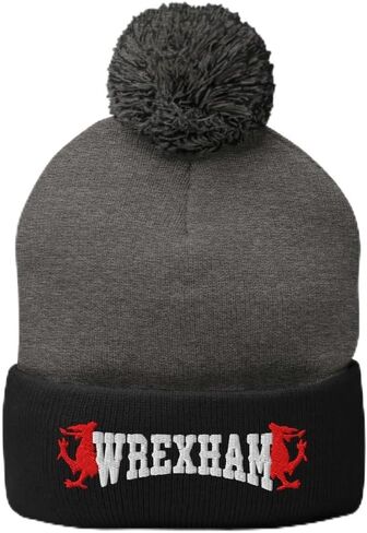 Wrexham AFC Dragon Embroidered Pompom Beanie Hat, Wrexham Football Club Soccer Gift in Saudi Arabia