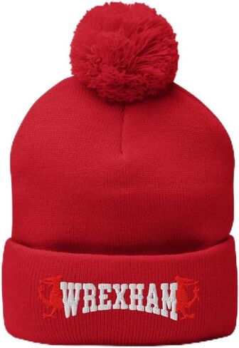 Wrexham AFC Dragon Embroidered Pompom Beanie Hat, Wrexham Football Club Soccer Gift in Saudi Arabia