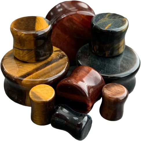 -ALL 3 PAIR- Yellow, Blue & Red Tiger Eye Organic Stone Plugs Double Flare Gauges in Saudi Arabia