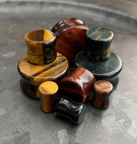 -ALL 3 PAIR- Yellow, Blue & Red Tiger Eye Organic Stone Plugs Double Flare Gauges in Saudi Arabia