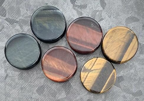 -ALL 3 PAIR- Yellow, Blue & Red Tiger Eye Organic Stone Plugs Double Flare Gauges in Saudi Arabia