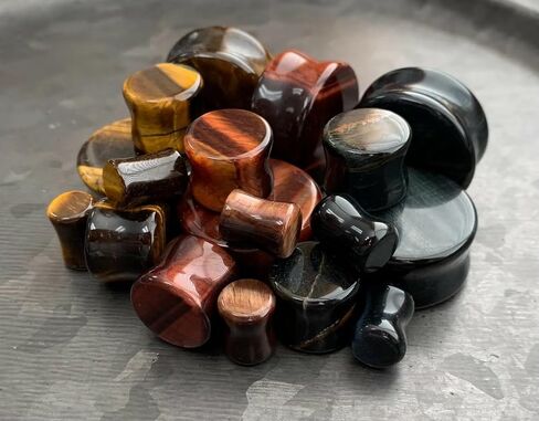 -ALL 3 PAIR- Yellow, Blue & Red Tiger Eye Organic Stone Plugs Double Flare Gauges in Saudi Arabia