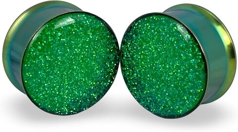 مجوهرات الجسم Mystic Metals ذات لمعان أخضر مزدوج مضمن في سدادات فولاذية خضراء - تباع كزوج in Saudi Arabia