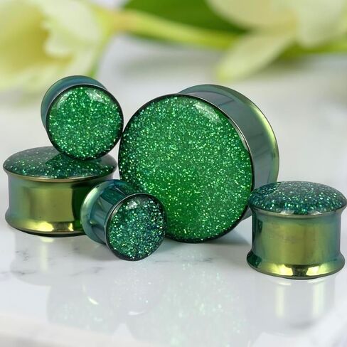 مجوهرات الجسم Mystic Metals ذات لمعان أخضر مزدوج مضمن في سدادات فولاذية خضراء - تباع كزوج in Saudi Arabia